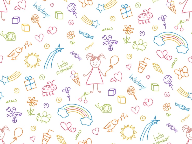 Wektor słodkie dziewczynki, bezszwodowe wzory, letnie wakacje, szczęśliwe dzieciństwo, ilustracje, abstrakcyjne dzieci.