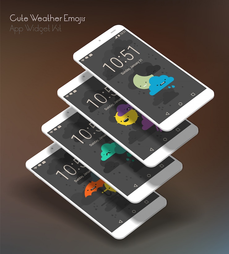 Wektor słodkie ekrany aplikacji weather moile na smartfonach 3d