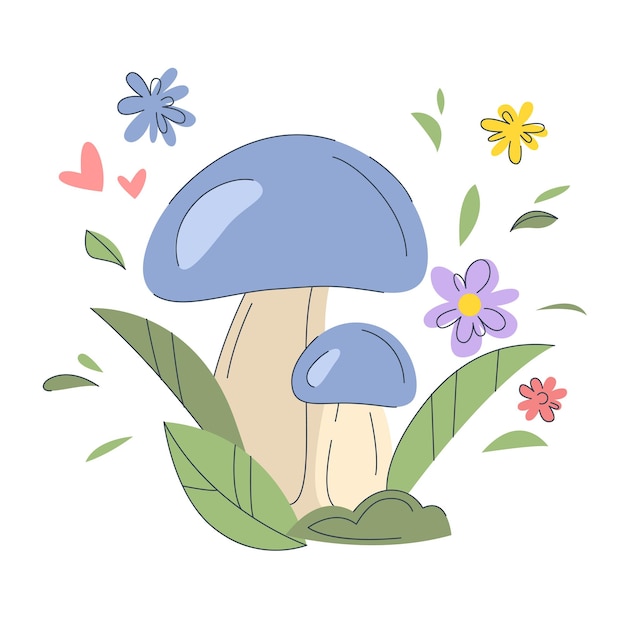 Słodkie grzyby z małymi kwiatami na tle w pastelowych kolorach Wiosna piękna ilustracja wektorowa grzybów Koncepcja wiosny