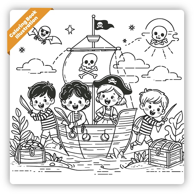 Słodkie ilustracje dzieci bawiących się w piratów