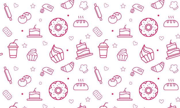 Słodkie jedzenie bezszwowy wzór z płaskimi ikonami linii ilustracje wektorowe ciastka lollipop czekolada