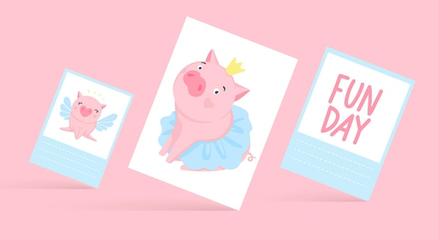 Plik wektorowy słodkie karty wektorowe z zabawnymi świniami. ilustracja świnia na białym tle. zwierzęta z kreskówek. wesoła kolekcja piggy.