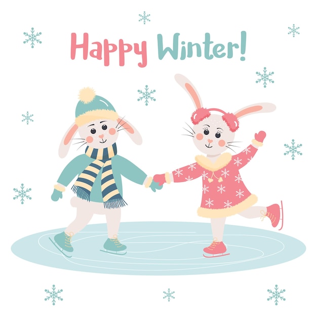 Słodkie Króliki Chłopiec I Dziewczynka Jeżdżą Na łyżwach Szczęśliwa Zima Cytat I Płatki śniegu