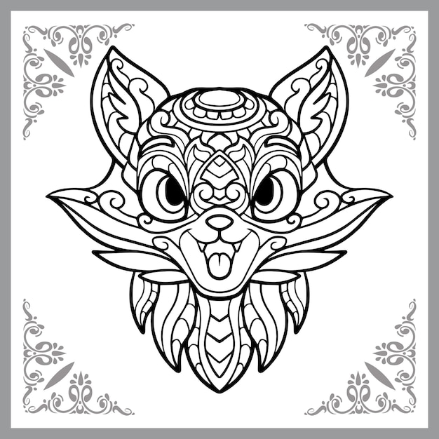 słodkie lisa głowa kreskówka zentangle sztuki na białym tle na czarnym tle