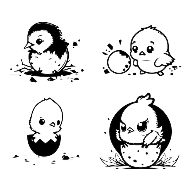 Słodkie małe dziecko kura w zestawie ilustracji wektorowych pękniętych jaj.