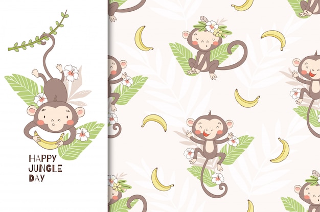 Plik wektorowy słodkie małpkie dziecko. huśtając się na winorośli i trzymając banana. wzór