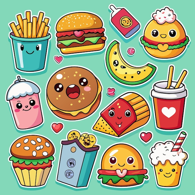 Słodkie naklejki fast food z uśmiechniętymi twarzami