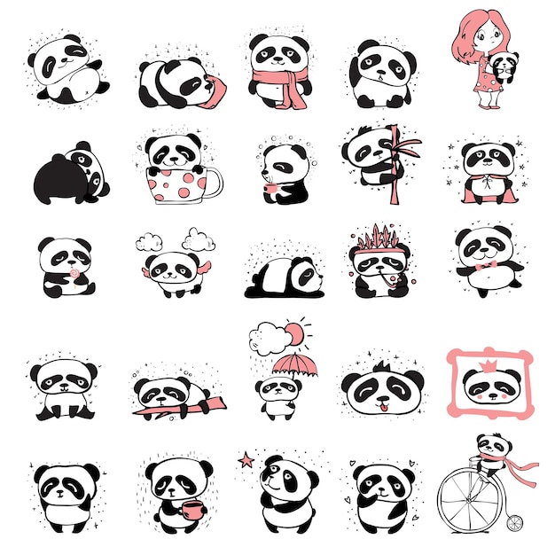 Słodkie pandy dla dzieci Zabawki zwierzęta chińskie symbole Miś panda adorable śmieszne dziecko maskotka wektor znaków kolekcji w stylu kreskówki Ilustracja Miś panda