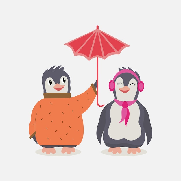 Słodkie pingwiny w miłości Para ptaków i parasol Romantyczna ilustracja wektorowa na Walentynki