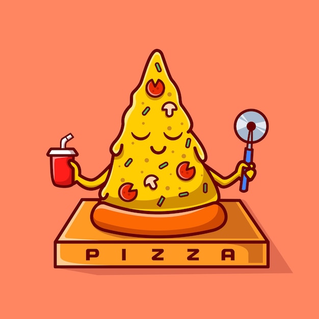 Słodkie Pizza Joga Medytacja Kreskówka Wektor Ikona Ilustracja. Jedzenie Sport Ikona Koncepcja Białym Tle Premium Wektor. Płaski styl kreskówki