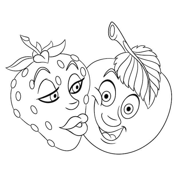 Plik wektorowy słodkie pocałunki truskawek i jabłek. twarz emoji śmieszne jedzenie kreskówka. kolorowanki dla dzieci.
