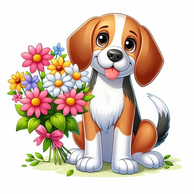 Plik wektorowy słodkie psy beagle i ilustracja kreskówki flower vector
