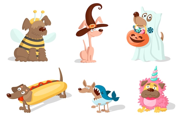 Plik wektorowy słodkie psy z kreskówek w kostiumach karnawałowych na halloween, purim lub boże narodzenie.