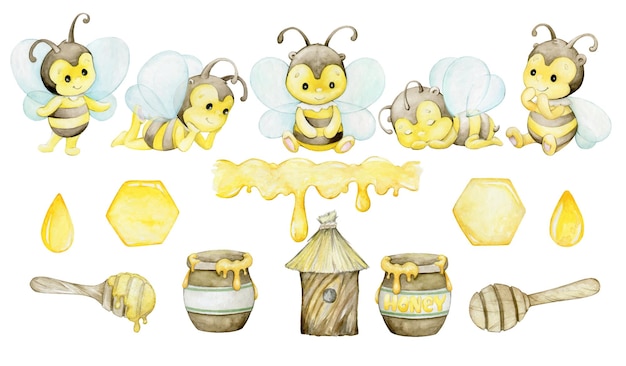 Słodkie Pszczoły W Różnych Pozycjach Akwarelowy Zestaw Słodkich W Stylu Kreskówki Na Odosobnionym Tle