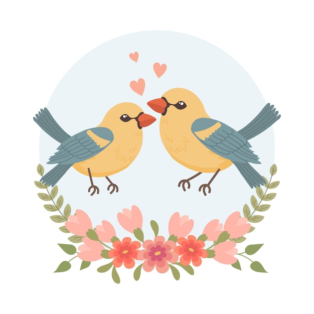 Słodkie Ptaky Miłosne Z Kreskówek W Ramce Kwiatów Projekt Kartki Powitalnej Kartka Zaproszenia Na ślub