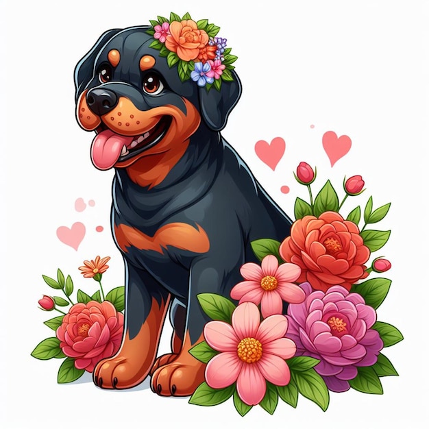 Plik wektorowy słodkie rottweiler psy amp kwiatowy wektor ilustracja kreskówkowa