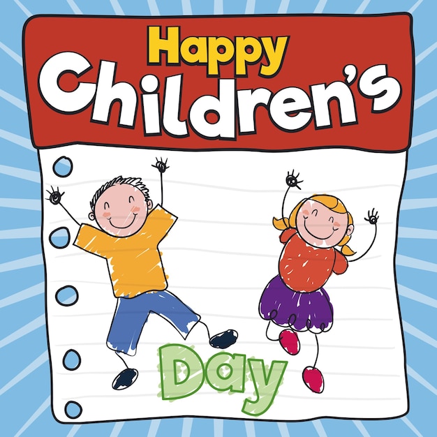 Plik wektorowy słodkie rysunki dzieci na dzień dziecka na ręcznie narysowanym papierze, jak kalendarz z luźnymi liśćmi