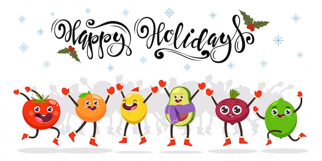 Słodkie skaczące owoce i warzywa. Wesołych Świąt ręcznie rysowane tekst. postać z kreskówki śmieszne jedzenie.