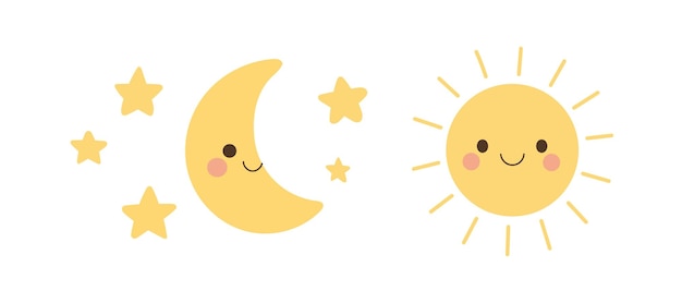 Słodkie słońce i półksiężyc z świecącymi gwiazdami na jasnym niebie idealne dla niebiańskich tematów przed snem projekty astronomiczne ikony lub kosmiczne ilustracje