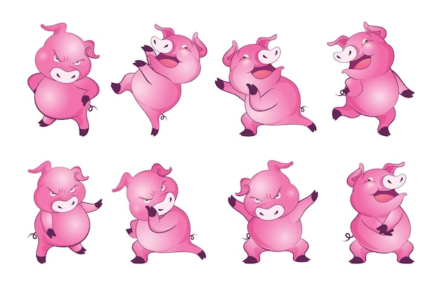 Słodkie świnie Postać Z Kreskówki Wesoły Zabawny Taniec Wiele Działań