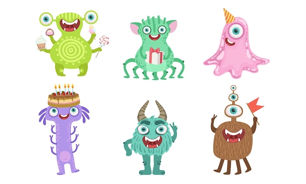 Plik wektorowy słodkie, szczęśliwe potwory, zestaw zabawne, przyjazne postacie z kreskówek, mutanty, dziecięce elementy projektowania imprezy urodzinowej, ilustracje wektorowe