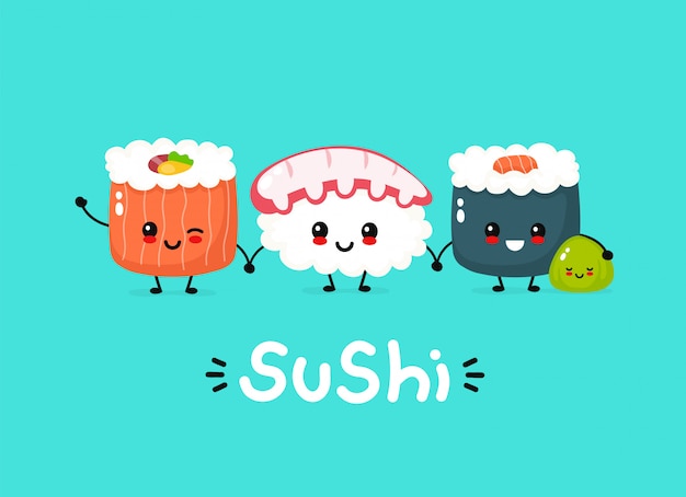 Słodkie, szczęśliwe sushi, bułka i wasabi