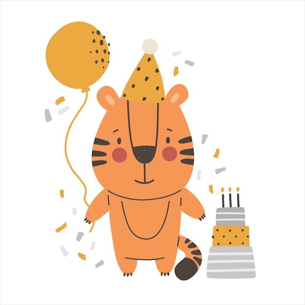 Słodkie Tygrysie Dziecko Z Kapeluszem I Balonem Impreza Urodzinowa Dziecięce Zwierzęce Znaki