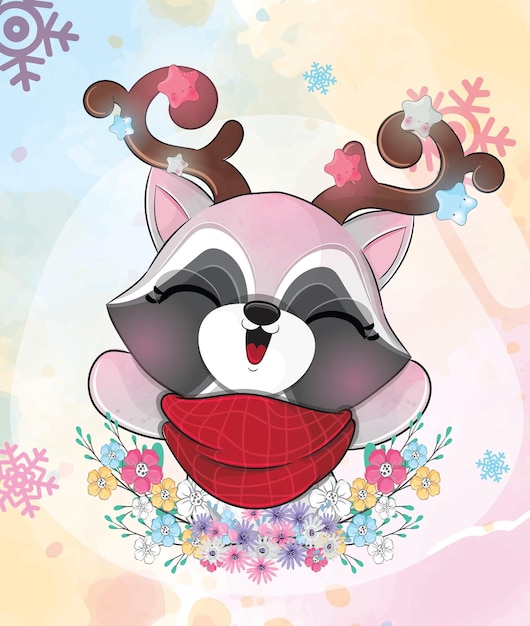 Plik wektorowy słodkie zwierzę mały szop pracz szczęśliwy grudnia na ilustracji śniegu. słodkie zwierzę akwarela szop pracz