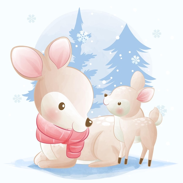Słodkie zwierzęta mama i jeleń bawią się razem w śniegu
