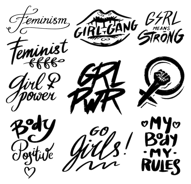 Plik wektorowy slogan feminizmu zestaw cytatów motywacyjnych siła dziewczyny prawa kobiet fraza napisana na banerach t-shirt i etykietach, plakatach i stronach internetowych kaligrafia napisana pędzlem w stylu vintage
