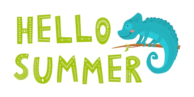 Slogan Hello Summer Z Uroczym Kameleonem Wychodzącym Z Papierowej Ilustracji