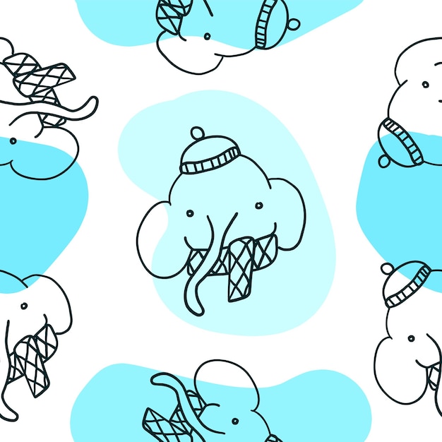 Słoń w zimowym ciepłym kapeluszu bezszwowy wzór ilustracja w zarysie doodle styl