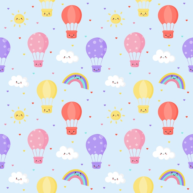 Słońce bez szwu wzór, balon, tęcza i chmury. kawaii tapeta