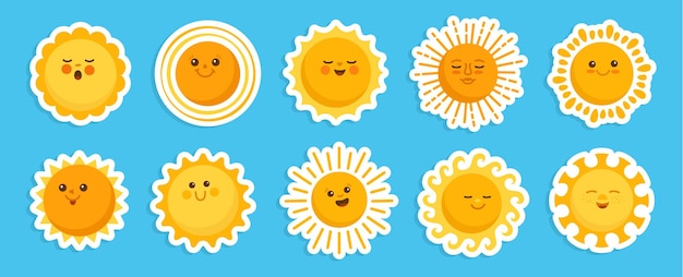 Słońce emocja naklejka zestaw postaci z kreskówek twarze letnie żółte słońca śmieszne dziecinne wektor clipart
