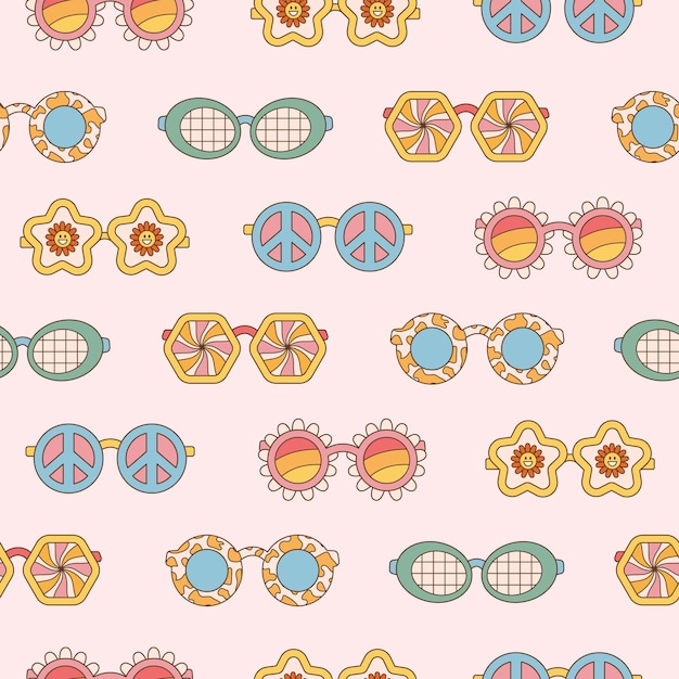 Słoneczne okulary bezszwodowe wzór w stylu retro groovy hippie ilustracja wektorowa lat 70. 80.