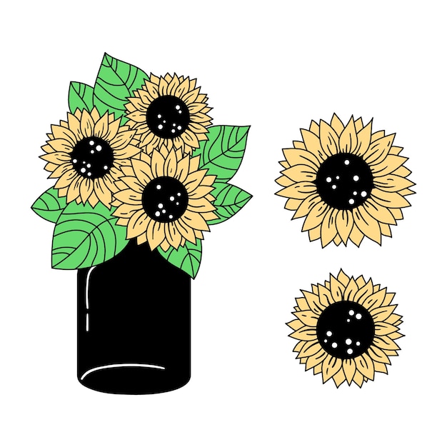 Plik wektorowy słoneczniki i słoik z masonem na białym tle clipart kolorowe kwiatowe elementy dekoracyjne
