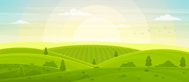 Plik wektorowy słoneczny wiejski krajobraz ze wzgórzami i polami o świcie. letnie zielone wzgórza, łąki i pola, błękitne niebo z białymi chmurami.