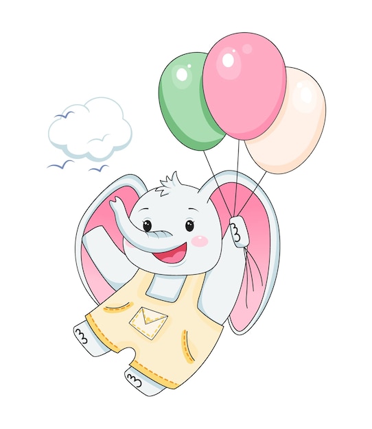 Słoniątko Z Balonami. Element Projektu Karty Baby Shower, Scrapbooking, Zaproszenie, żłobek, Plakat. Na Białym Tle. Ilustracja Wektorowa