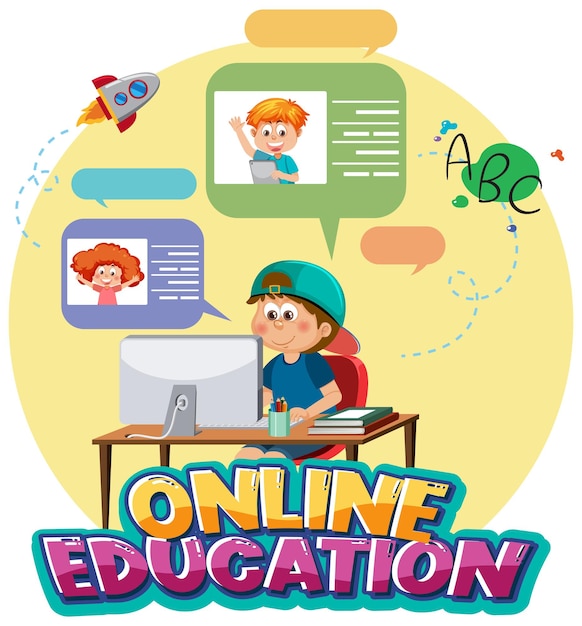 Słowo edukacji online z postacią z kreskówek