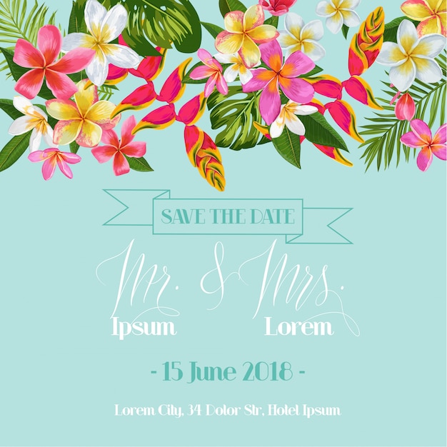 Ślubny zaproszenie szablon z Plumeria kwiatami. Tropical Floral Save the Date Card.