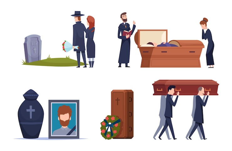 Wektor służba śmierci. ceremonia grobu grób cmentarz ludzie smutne osoby psychologia problemy utrata pochówku dokładna kolekcja wektor zestaw w stylu płaski. ilustracja ceremonia pogrzebowa, żałoba po śmierci, rytualny pogrzeb