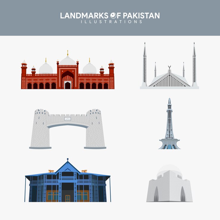 Słynne zabytki zestaw ilustracji Pakistan