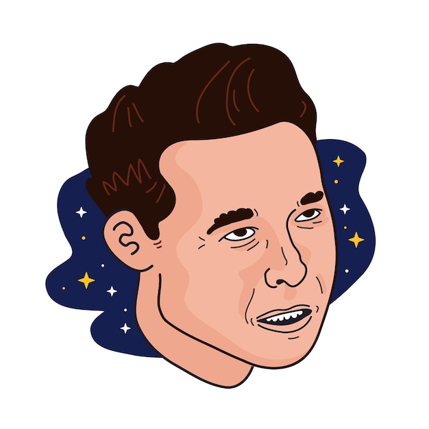 Słynny Założyciel, Dyrektor Generalny I Przedsiębiorca Elona Muska Portret Wektorowy. Na Białym Tle. Elon Piżmo Wektor Kreskówka Doodle Twarz Portret
