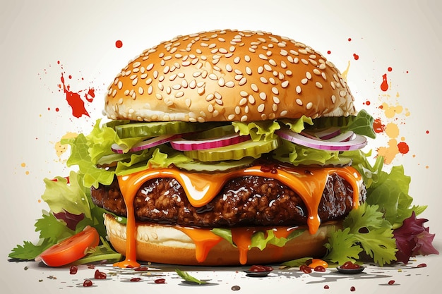 Plik wektorowy smakowity hamburger z białym tłem hamburger z cebulą, musztardą, ketchupem i majonezem