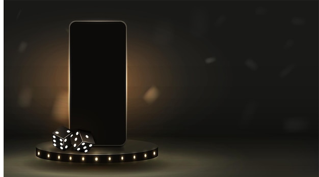 Smartfon 3d Na Czarnym Podium Z Kostkami Do Pokera Koncepcja Kasyna Z Telefonem Komórkowym Na Platformie Ze Złotym Tłem