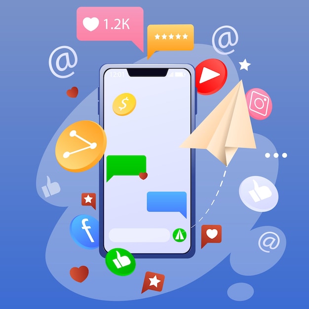 Smartfon i ikony sieci społecznościowych, aplikacji, sms, polubień na białym tle na niebieskim tle. Nowe technologie i system mobilny. Ilustracja wektorowa