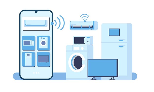 Smartfon steruje urządzeniami gospodarstwa domowego przez internet Inteligentny klimatyzator lub kuchenka mikrofalowa Pralka Lodówka i telewizor Aplikacja mobilna Połączenie bezprzewodowe Koncepcja wektora