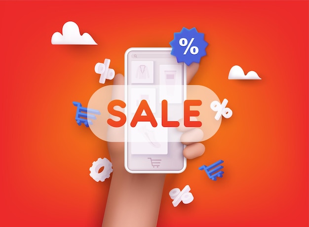 Smartfon w ręku z znakiem sprzedaży Koncepcja zakupów online 3D Web Wektorowe ilustracje