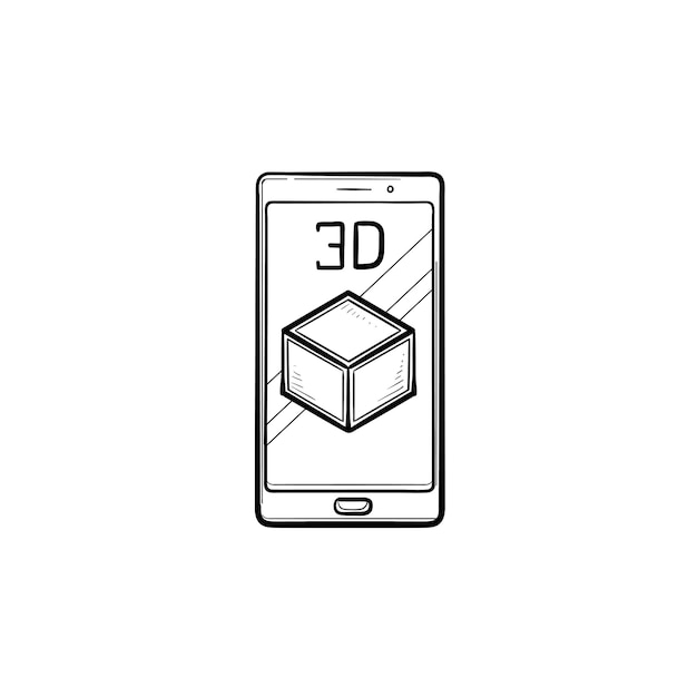 Smartfon Z 3d Sześcian Ręcznie Rysowane Konspektu Doodle Ikona. Rozszerzona Rzeczywistość I Koncepcja Telefonu Komórkowego