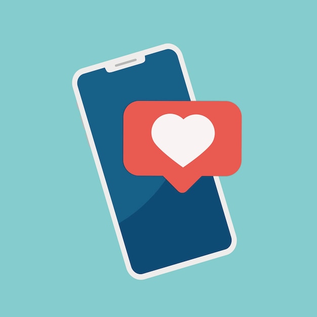 Smartfon z bańką mowy emoji serca otrzymuje wiadomość na ekranie. Sieć społecznościowa i urządzenie mobilne.